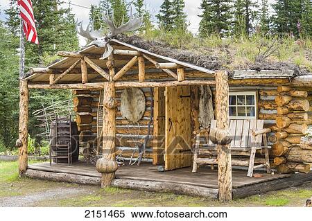 Rustic Log Cabin Near Glennallen Alaska In Summer Stock