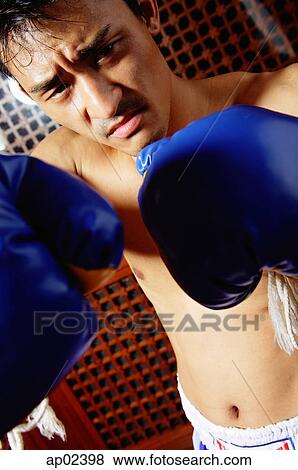 Man with boxing gloves, looking at camera View Large Photo Image Stock Photo - Man with boxing gloves, looking at camera . Fotosearch
