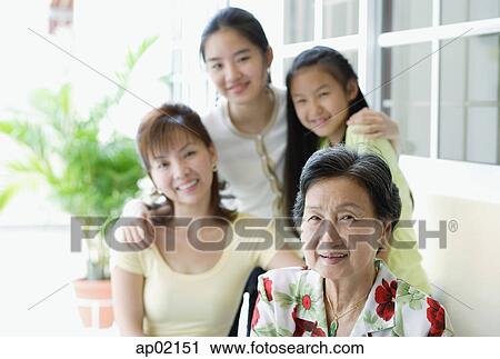 Stock Image - Three generations of females, looking at camera . Fotosearch