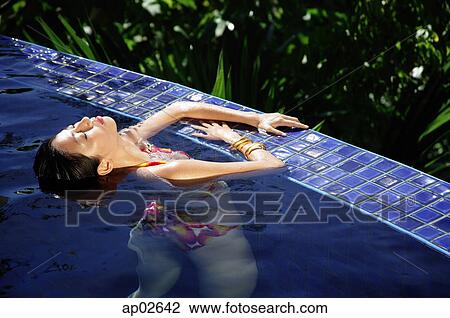 Stock Image - Woman holding on to edge of swimming pool, leaning head back. Fotosearch