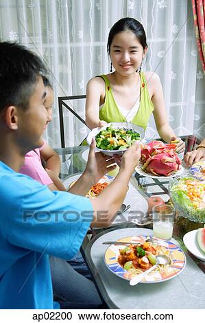 Stock Image - Young woman passing food to family members . Fotosearch