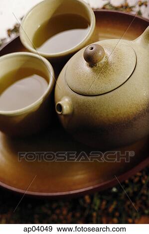 Still life of tea pot and tea cups on tray View Large Photo Image Stock Photo - Still life of tea pot and tea cups on tray . Fotosearch