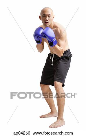 Stock Photograph - Young man wearing boxing gloves, facing camera. Fotosearch
