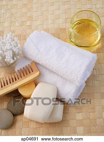 Stock Image - Still life of bath toiletries, high angle view. Fotosearch