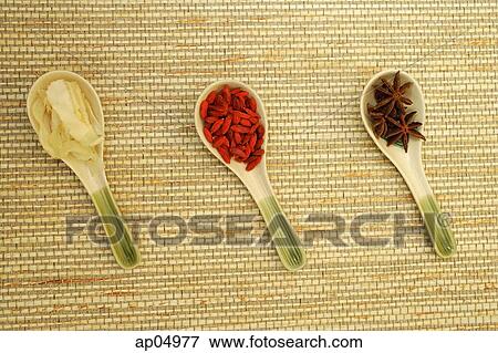 Still life of spices in Chinese soup spoons View Large Photo Image Stock Photo - Still life of spices in Chinese soup spoons. Fotosearch