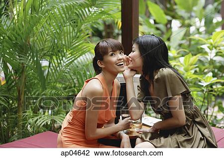 Stock Image - Two young women in outdoor cafe, talking and whispering. Fotosearch