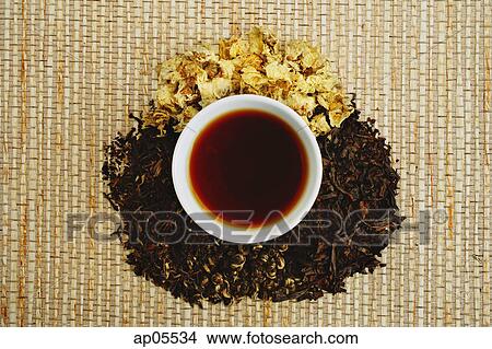Chinese teacup and pile of loose tea leaves, directly above View Large Photo Image Picture - Chinese teacup and pile of loose tea leaves, directly above. Fotosearch