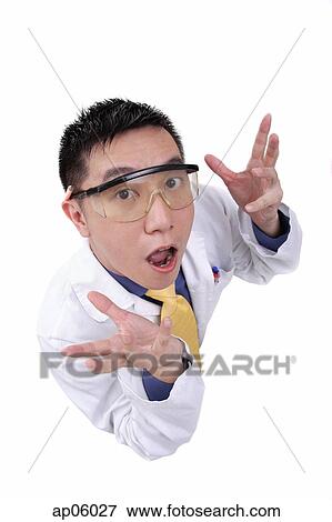 Doctor in lab coat, shocked expression, looking up at camera View Large Photo Image Stock Photo - Doctor in lab coat, shocked expression, looking up at camera. Fotosearch