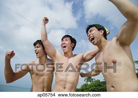 Three shirtless men raising fists View Large Photo Image Picture - Three shirtless men raising fists. Fotosearch
