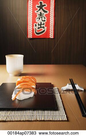 4 pieces of salmon sushi, nigiri View Large Photo Image Stock Image - 4 pieces of salmon sushi, nigiri. Fotosearch
