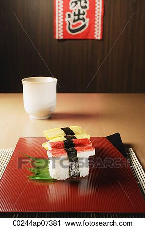 4 pieces of sushi, kanikama and tamago nigiri, "for sale" sign View Large Photo Image Stock Image - 4 pieces of sushi, kanikama and tamago nigiri, "for sale" sign. Fotosearch