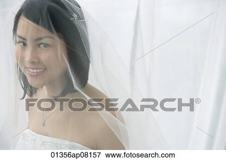 A bride with a veil smiles at the camera View Large Photo Image Stock Photo - A bride with a veil smiles at the camera. Fotosearch