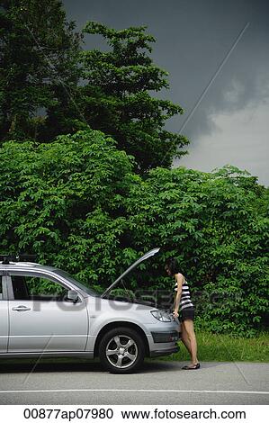 A woman checks under the hood of her car View Large Photo Image Stock Image - A woman checks under the hood of her car. Fotosearch