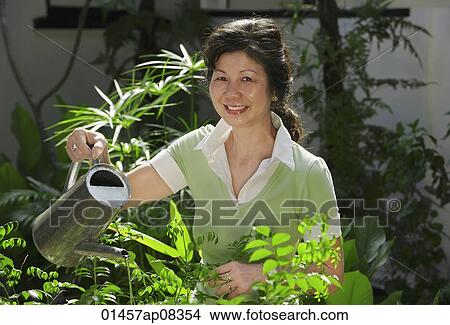 A woman watering plants in the garden View Large Photo Image Picture - A woman watering plants in the garden. Fotosearch