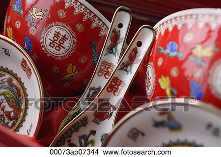 Chinese bowl, saucer and spoon set with the text -Double Happiness View Large Photo Image Picture - Chinese bowl, saucer and spoon set with the text -Double Happiness. Fotosearch
