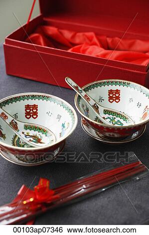Chinese bowl, saucer and spoon set with the text -Double Happiness, paraphernalia of traditional Chinese Wedding View Large Photo Image Stock Photograph - Chinese bowl, saucer and spoon set with the text -Double Happiness, paraphernalia of traditional Chinese Wedding. Fotosearch