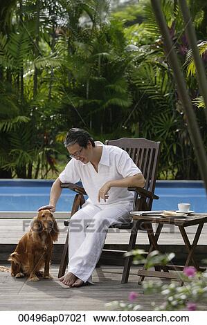 Mature man sitting by swimming pool, petting his dog View Large Photo Image Stock Image - Mature man sitting by swimming pool, petting his dog. Fotosearch