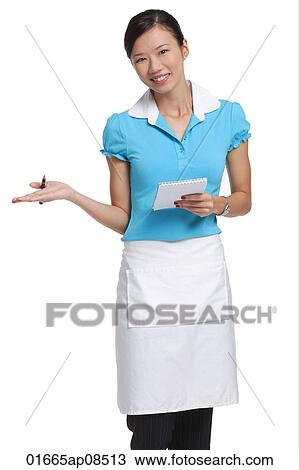 Waitress smiling at camera, holding notepad View Large Photo Image Stock Image - Waitress smiling at camera, holding notepad. Fotosearch