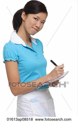 Waitress smiling at camera, taking order View Large Photo Image Stock Photo - Waitress smiling at camera, taking order. Fotosearch