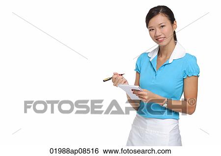 Waitress smiling at camera, taking order View Large Photo Image Stock Photograph - Waitress smiling at camera, taking order. Fotosearch