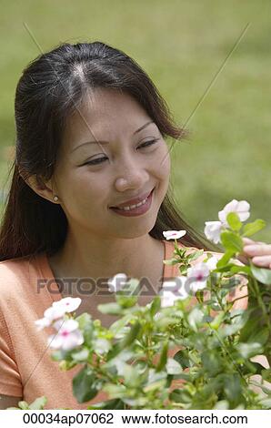 Woman outdoors, looking at flowering plants View Large Photo Image Stock Image - Woman outdoors, looking at flowering plants. Fotosearch