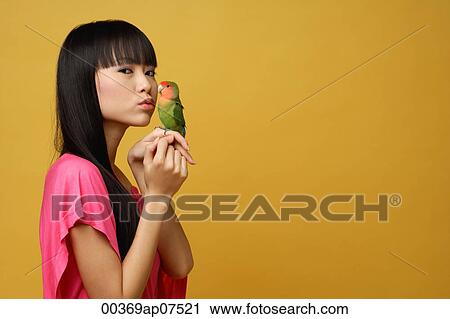 Young woman with lovebird on her hand, kissing bird View Large Photo Image Stock Image - Young woman with lovebird on her hand, kissing bird. Fotosearch