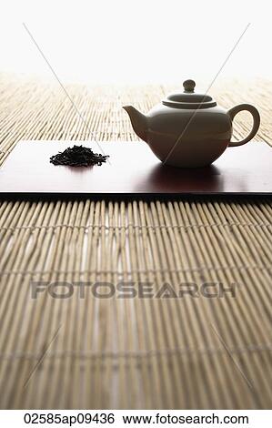 tea leaves in a pile and tea pot on bamboo mat View Large Photo Image Stock Photograph - tea leaves in a pile and tea pot on bamboo mat. Fotosearch