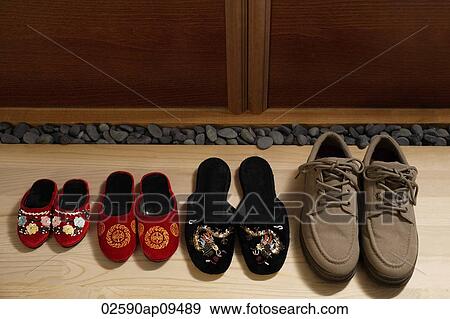 top view of slippers and shoes placed in a row at door front View Large Photo Image Stock Photo - top view of slippers and shoes placed in a row at door front. Fotosearch