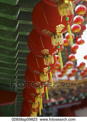 Red Chinese lanterns hanging from temple View Large Photo Image Stock Image - Red Chinese lanterns hanging from temple. Fotosearch