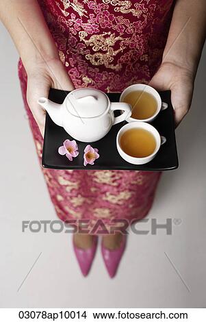 Picture - close up of woman wearing pink cheongsam holding tray with tea. Fotosearch