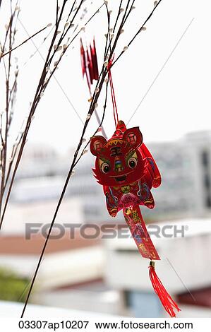 Stock Photo - Chinese dragon decoration hanging from branch. Fotosearch