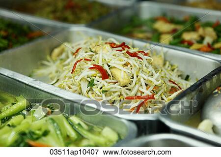 Stock Photo - Bean sprouts with tofu and red chillies. Fotosearch