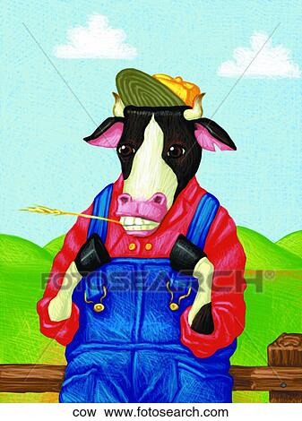 Cow in Coveralls View Large Illustration Stock Illustration - Cow in Coveralls. Fotosearch