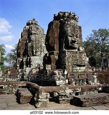 Stock Image - Cambodia, Angkor Thom, Face towers, the Bayon. Fotosearch