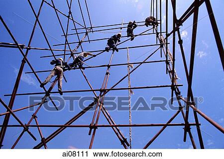 China, Beijing, Construction workers climbing scaffolding. View Large Photo Image Stock Image - China, Beijing, Construction workers climbing scaffolding.. Fotosearch