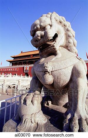 China, Beijing, Stone lion in front of Tiananmen Gate View Large Photo Image Stock Image - China, Beijing, Stone lion in front of Tiananmen Gate. Fotosearch