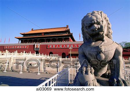 China, Beijing, Stone lion in front of Tiananmen Gate View Large Photo Image Stock Photo - China, Beijing, Stone lion in front of Tiananmen Gate. Fotosearch