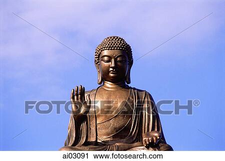 Stock Image - China, Hong Kong, Buddha Statue at Po Lin Monastery. Fotosearch
