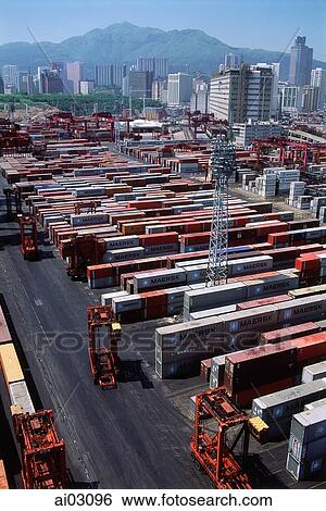 China, Hong Kong, Containers at port, buildings in background View Large Photo Image Stock Photograph - China, Hong Kong, Containers at port, buildings in background. Fotosearch