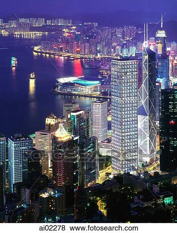 China, Hong Kong harbor, view from the Peak, night view View Large Photo Image Stock Photo - China, Hong Kong harbor, view from the Peak, night view. Fotosearch