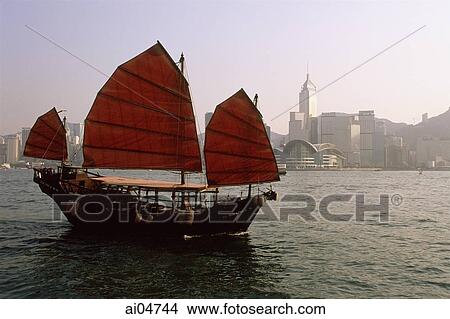 China, Hong Kong, Junk, harbor in background View Large Photo Image Picture - China, Hong Kong, Junk, harbor in background. Fotosearch