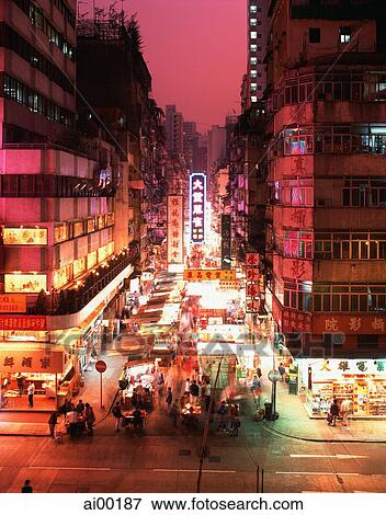 China, Hong Kong, Kowloon, Temple Street, Night Market View Large Photo Image Stock Photo - China, Hong Kong, Kowloon, Temple Street, Night Market. Fotosearch