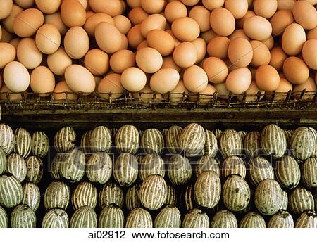 Stock Image - China, Hong Kong, Regular eggs (top) and century eggs. Fotosearch