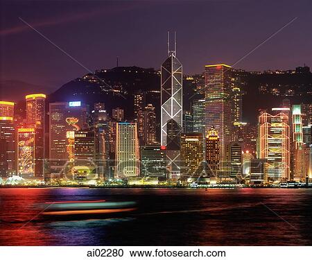 China, Hong Kong skyline, view from across harbor, night view View Large Photo Image Stock Image - China, Hong Kong skyline, view from across harbor, night view. Fotosearch