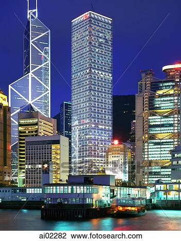 China, Hong Kong skyline with ferry in foreground, night View Large Photo Image Stock Image - China, Hong Kong skyline with ferry in foreground, night. Fotosearch