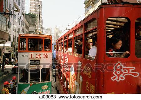 China, Hong Kong, Wanchai, Trams in traffic View Large Photo Image Stock Image - China, Hong Kong, Wanchai, Trams in traffic. Fotosearch