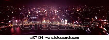 Picture - China, Shanghai, aerial view at night. Fotosearch