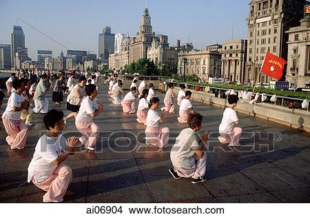China, Shanghai, people exercising on the Bund View Large Photo Image Picture - China, Shanghai, people exercising on the Bund. Fotosearch