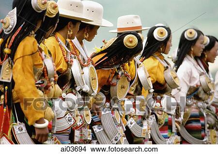 Picture - China, Szechuan (Sichuan), Kham region, Khampa women in full traditional costume at one of the festivals.. Fotosearch