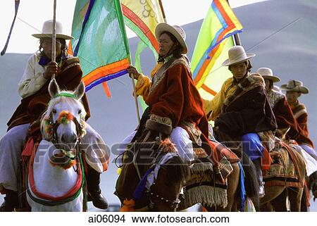 Picture - China, Szechuan (Sichuan), Kham region, Kham horsemen at the opening parade of summer nomad festival.. Fotosearch